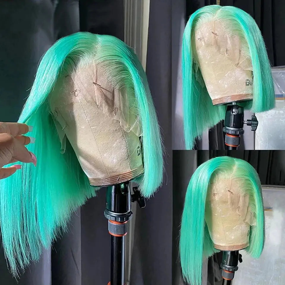 Mint Green Bob Wig Human Hair 200% Density 13x4 Transparent Straight Lace Front Wigs Pre Plucked with Baby Hair for Black Women
