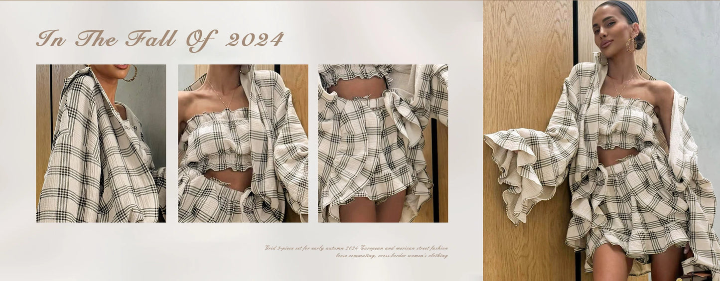 Clacive Fashion Loose Plaid 2 Piece Sets Women Outfit 2025 Elegant Long Sleeve Shirt With High Waist Mini Skirt Set Female
