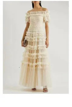 JAMERARY Women Dress Summer Runway Cut Out Double Layer Ruffles Embroidery Elastic Waist Short Party Vestidos Holiday Beach Wear