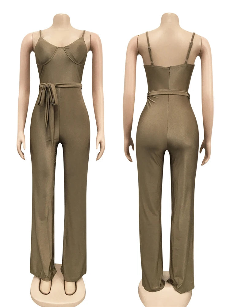 HBLL Women's Sexy Jumpsuits Clubwear Elegant Party Rompers High Waisted Wide Leg Pants One Piece Sleeveless Jumpsuit with Belt