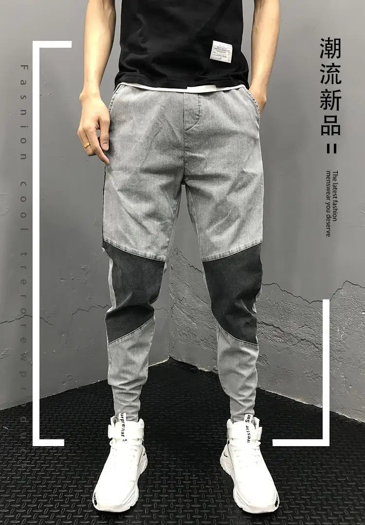 Men's Summer Korean Fashion Vintage Patchwork Stretchy Washed Denim Pants Y2K Casual Streetwear Slim Fit Jeans Pantalones Hombre