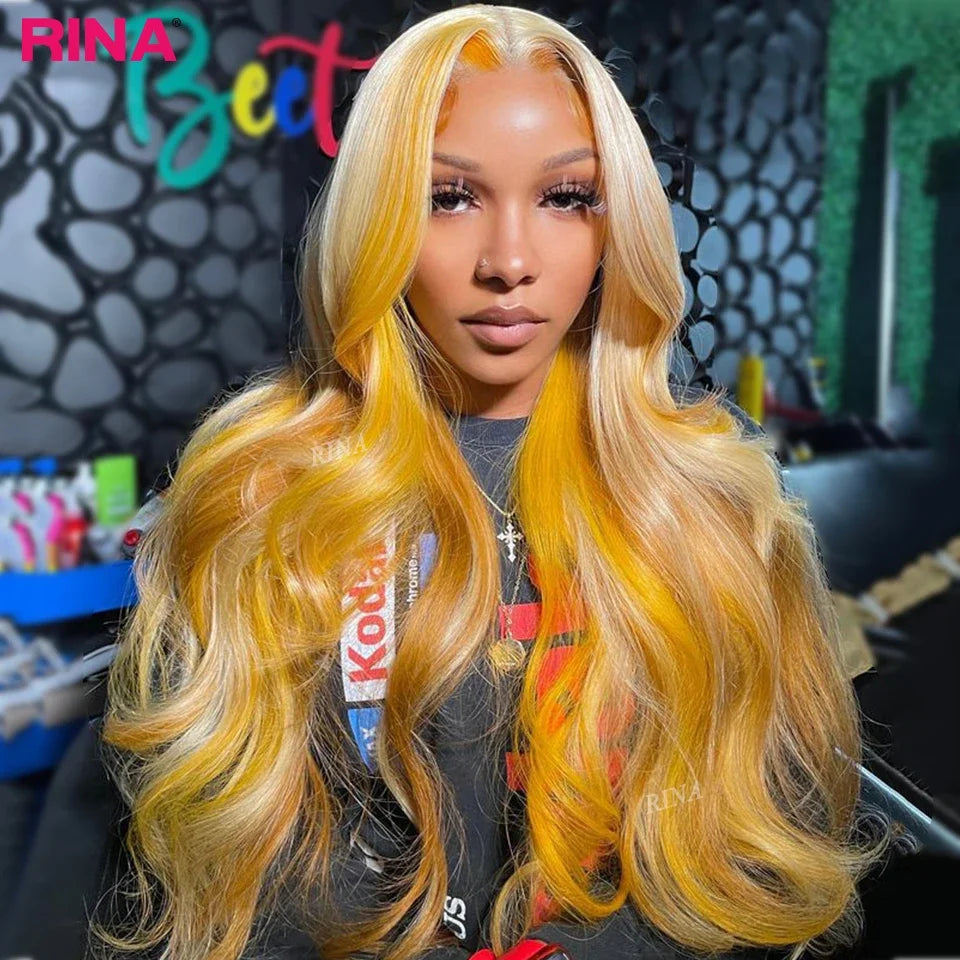 Yellow With 613 Lace Front Wig 13X4 Ombre Light Yellow Blonde 613 Color Body Wave Lace Front Wigs PrePlucked Human Hair Wigs
