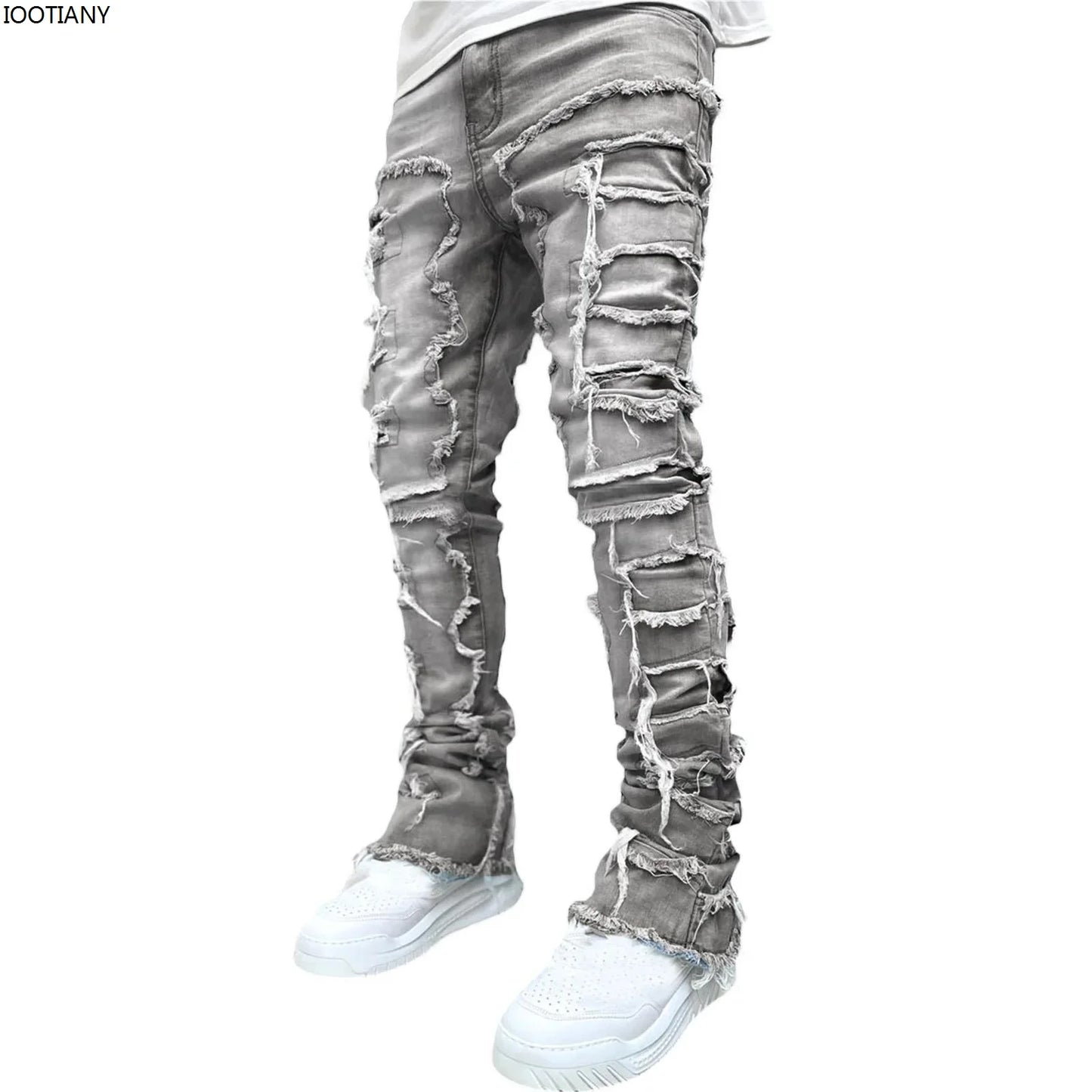New Fashion Stretch Jeans Man Stacked Jeans Elastic Waist Straight Fit Patchworks Denim Long Pants Fringe Ripped Jeans For Men