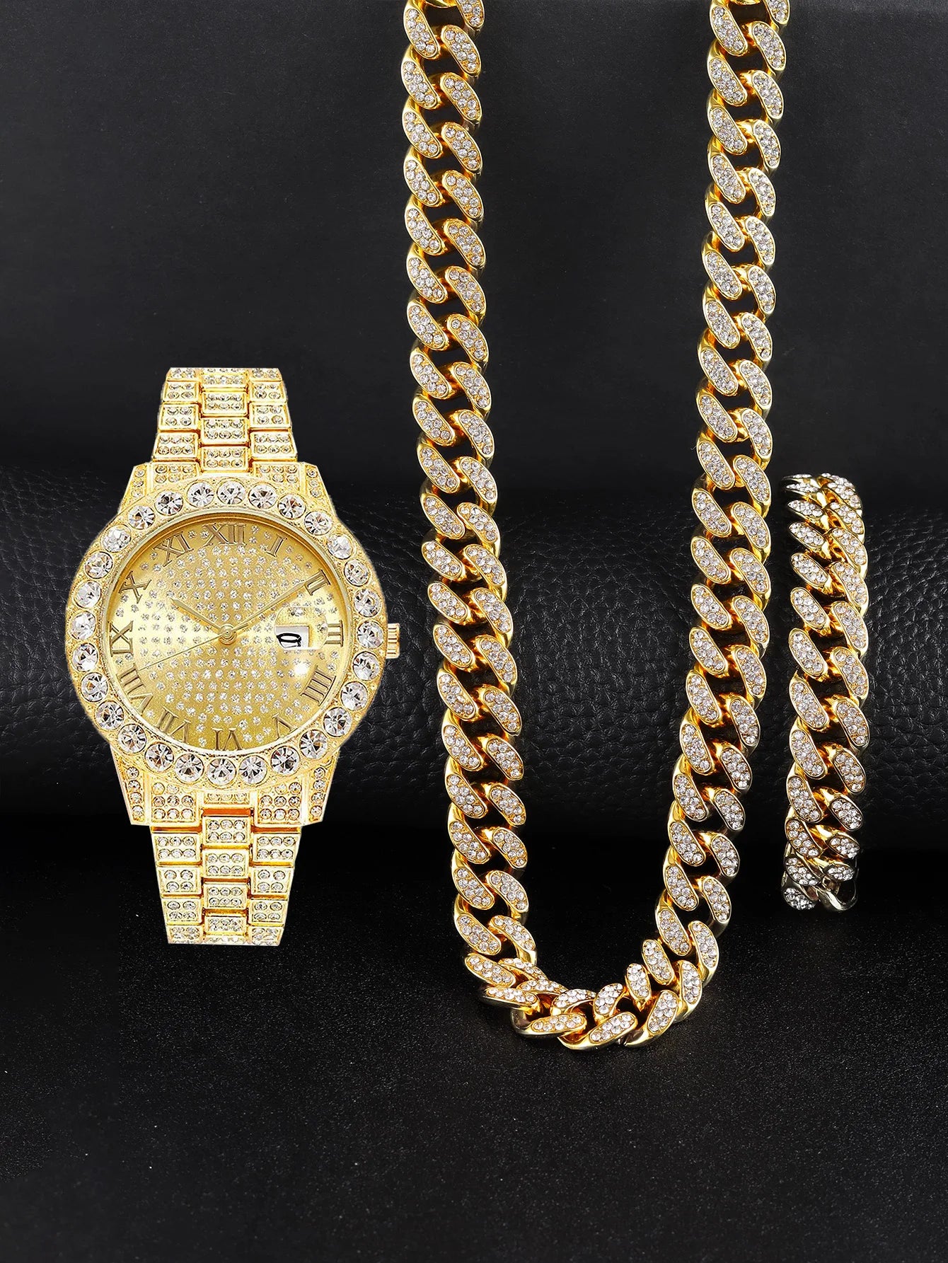 3PCS Luxury Watch With Calendar And Hip Hop Cuban Necklace bracelet set