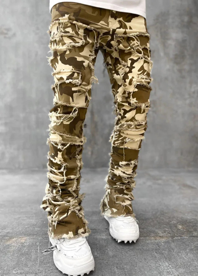 New Fashion Stretch Jeans Man Stacked Jeans Elastic Waist Straight Fit Patchworks Denim Long Pants Fringe Ripped Jeans For Men