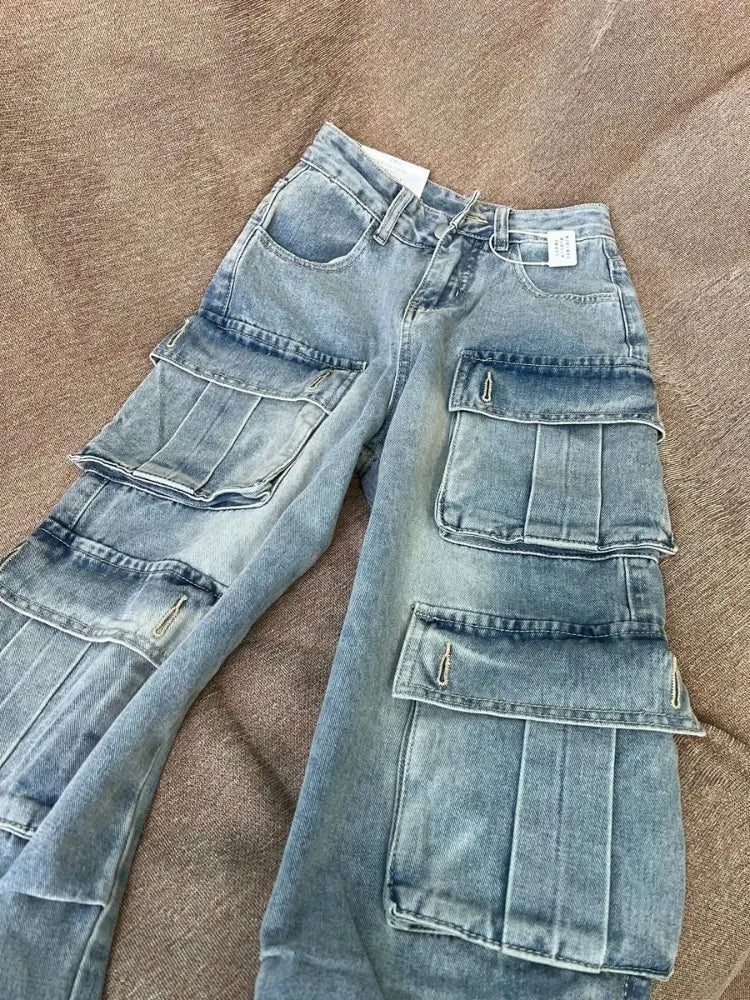 American Retro Multi Pocket Jeans for Women Y2k Oversize Street Straight Trousers 2025 New High Waist Loose Wide Leg Pants