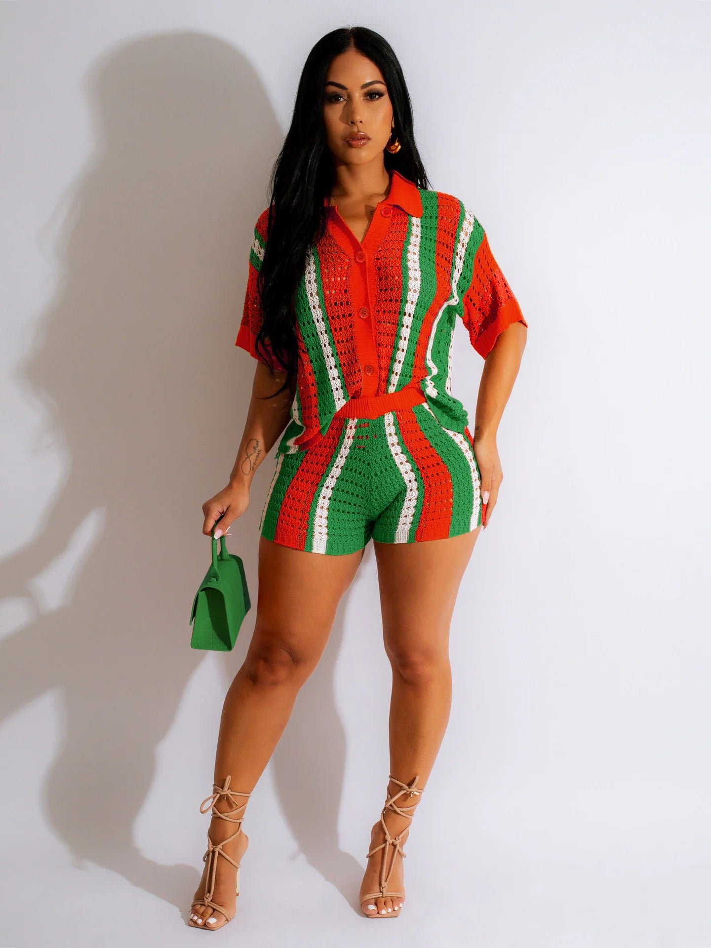 CM.YAYA Knit Ribbed Crochet Hollow Out Striped Women's Set Short Sleeve Button Sweater and Shorts 2023 Two 2 Piece Set Outfits