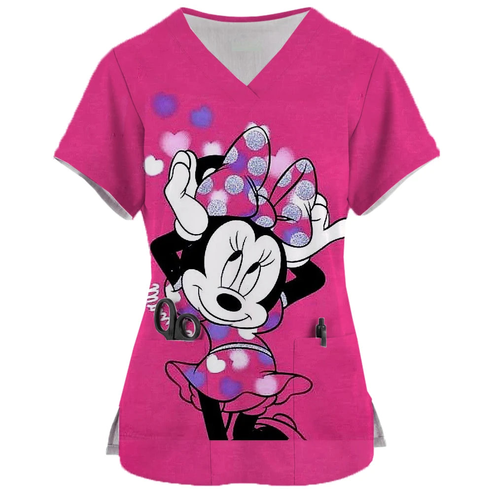 2024 New Minnie Mouse Print Nurse Medical Uniforms V-neck Short Sleeve Pocket Workwear Top Scrubs Medical Accessories Uniform