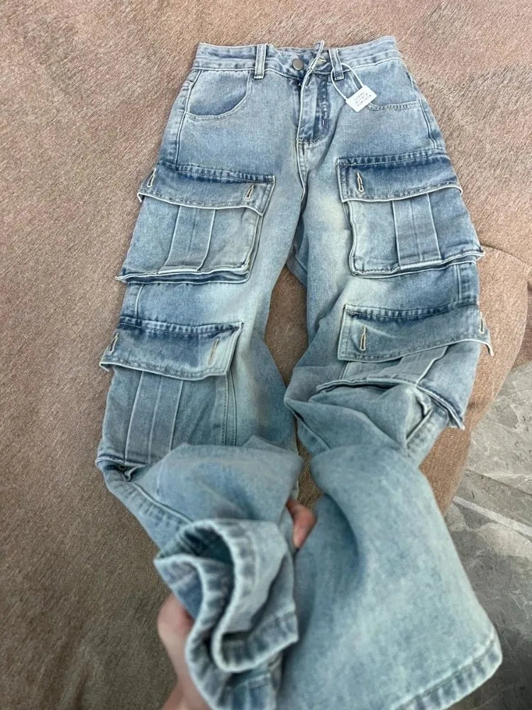 American Retro Multi Pocket Jeans for Women Y2k Oversize Street Straight Trousers 2025 New High Waist Loose Wide Leg Pants