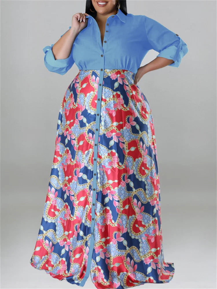 Wmstar Plus Size Women Dress Button Patchwork High Waist Elegant Long Sleeve New in Fall Maxi Dresses Wholesale Dropshipping
