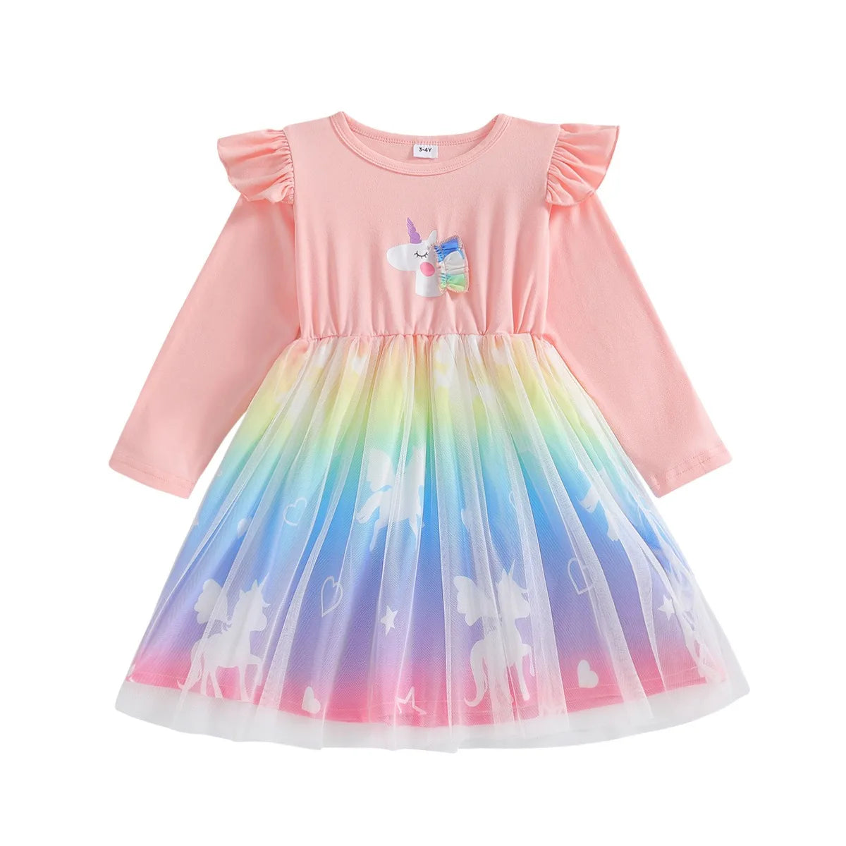 2025 New Princess Dress Unicorn Girls Dress Spring Kids Clothes Birthday Party Dress Long-sleeved for Children Rainbow 2-8Y