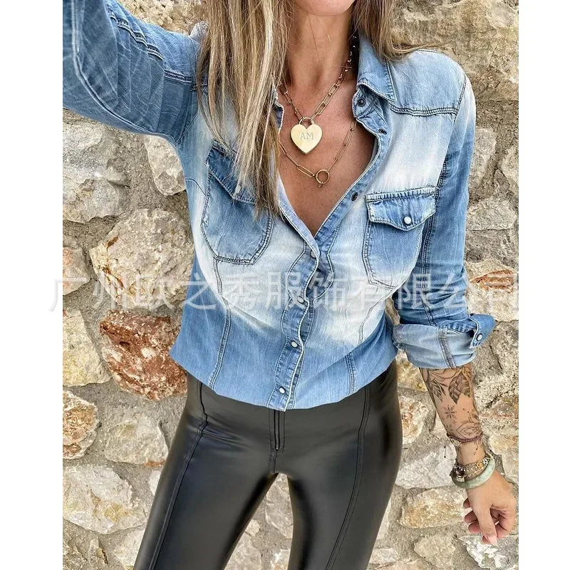 Shirt for Women Autumn Blouses Denim Single Breasted Spring Blue Casual Loose Work Shirts Slim Fit Sexy Elegant Y2k Tops 2025