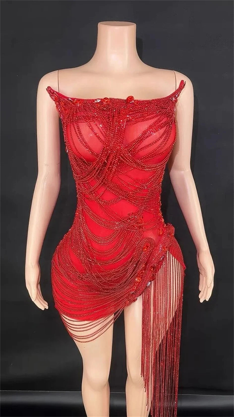STOCK Sparkly Rhinestone Fringe Dress Women Sexy Birthday Wedding Party Prom Drag Queen Costume Outfit Stage Wear Festival