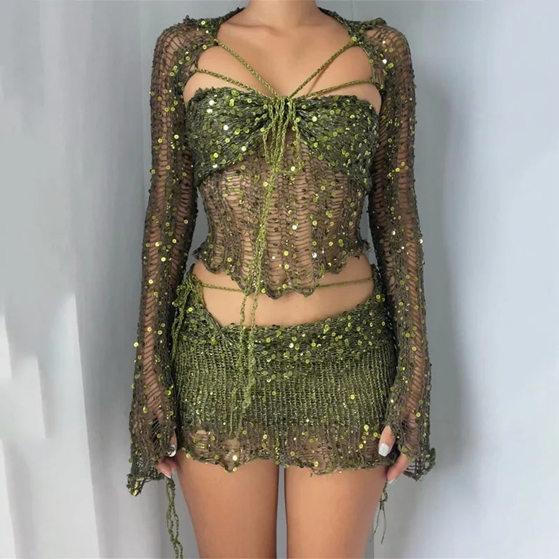 Sexy Sequined Knitted Sweater Party Dresses 3 Piece Skirt Sets Womens Outfits Flare Long Sleeve See Through Clue Wear Dress