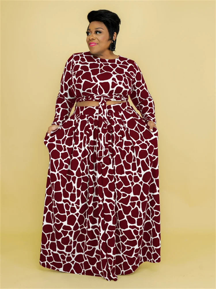 Wmstar Plus Size Women Clothing Skirts Matching Sets 2 Piece Outfits Crop Top Long Sleeve Maxi Big Swing Wholesale Dropshipping