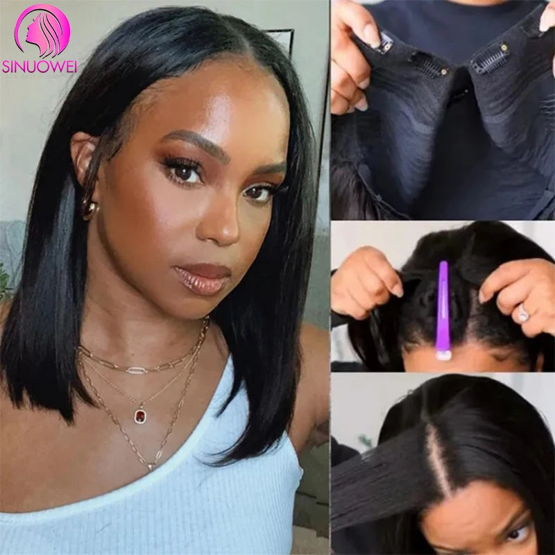 Straight Short Human Hair Wigs No Glue U Part Wig