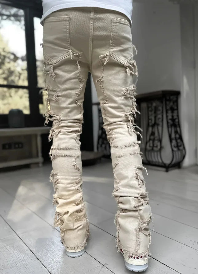 2024 Spring Summer New Men's Clothing Fashion Solid Color Elastic Patch Denim Straight-Leg Pants Jeans