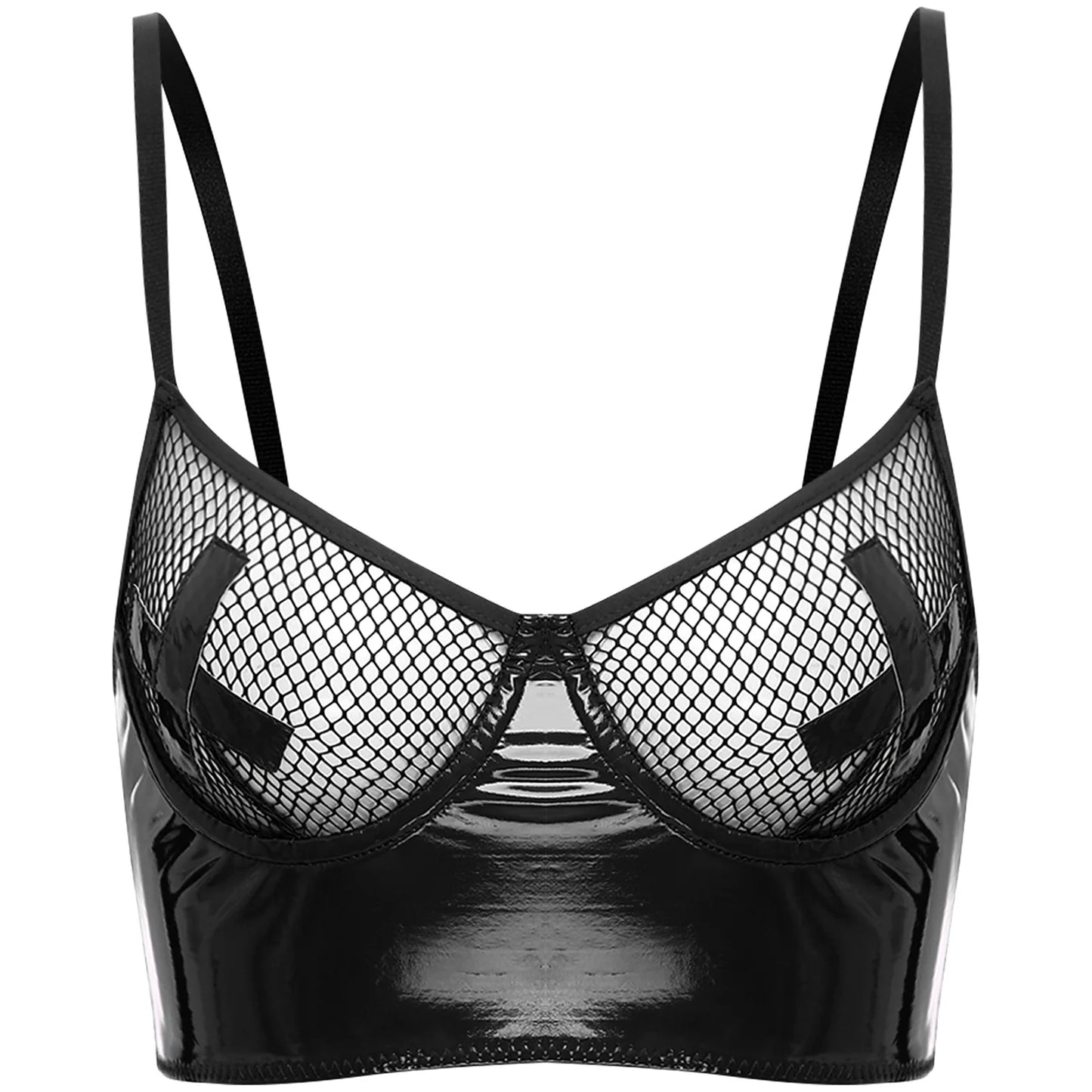 Womens Lingerie Fishnet Mesh Bra Bustier See Through Mesh Underwire Balconette Back Zipper Bras Sexy Push Up Wet Look Crop Top
