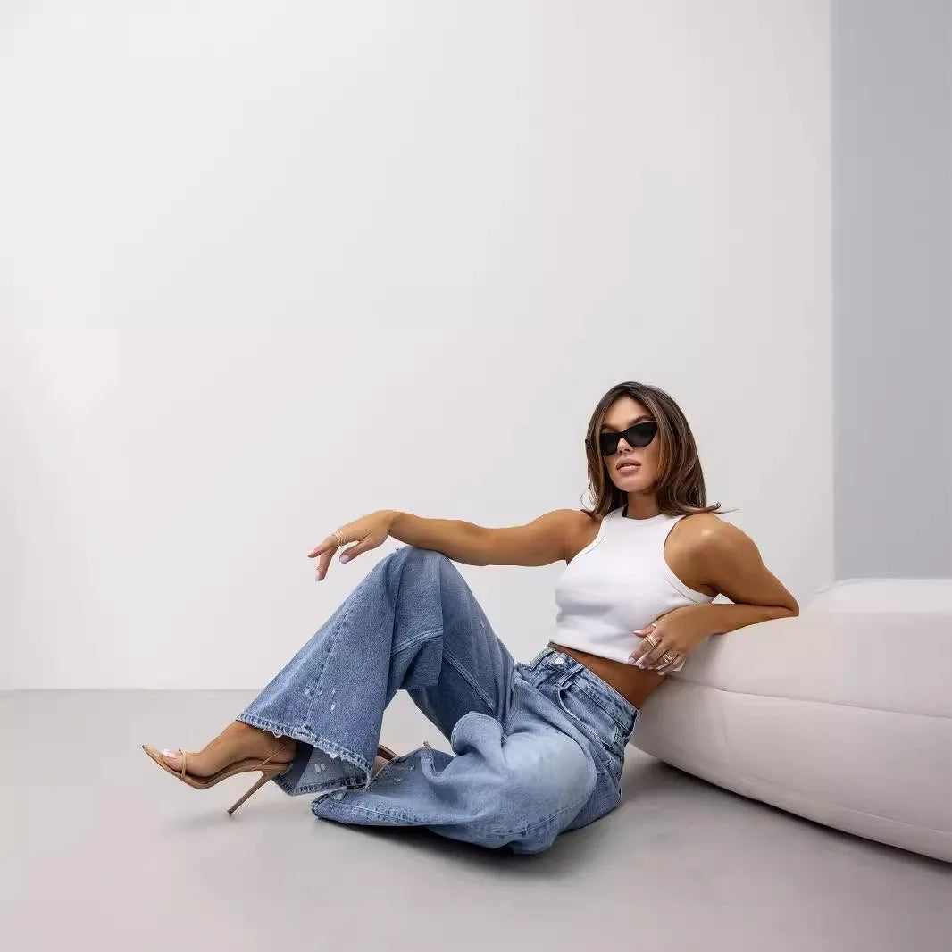 Women Denim Holes Jeans Washing Pencil Pants High Waist Zipper Mom Fly Slim Wide Leg Pockets Full Length Spring 2025 Streetwear