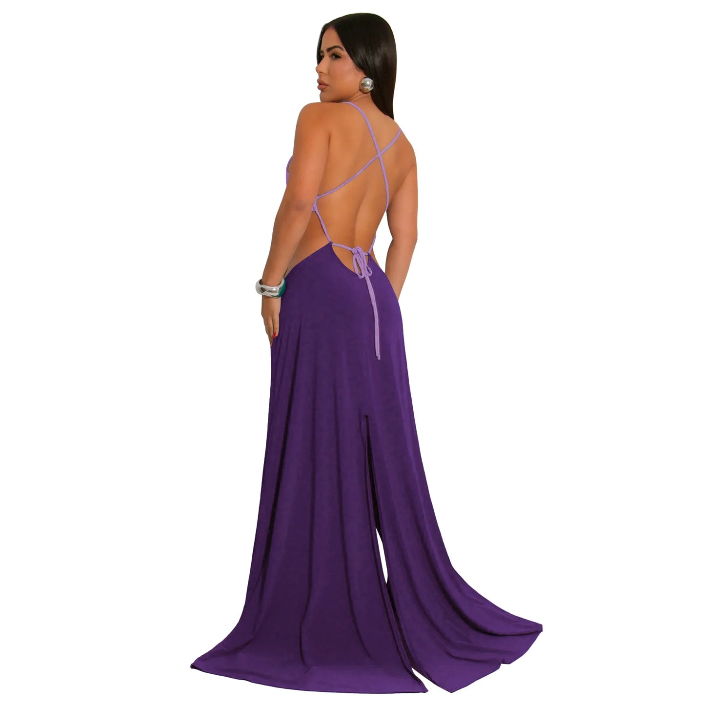CM.YAYA Women Strap Backless Big Swing Split Maxi Long Dress 2025 Hollow Out Birthday Sexy Club Party Evening Dresses Vestidos
