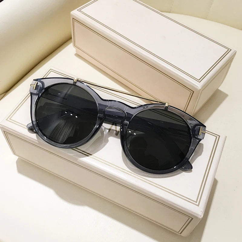 Trendy Retro Round Rivet Sunglasses Women 2025 Brand Double Bridge Shade Eyewear Colorful Lens Gray Yellow Frame Men Sun Glasses