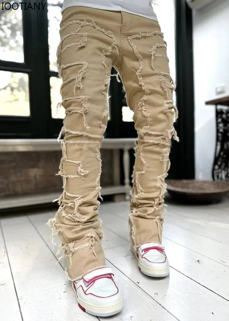 New Fashion Stretch Jeans Man Stacked Jeans Elastic Waist Straight Fit Patchworks Denim Long Pants Fringe Ripped Jeans For Men