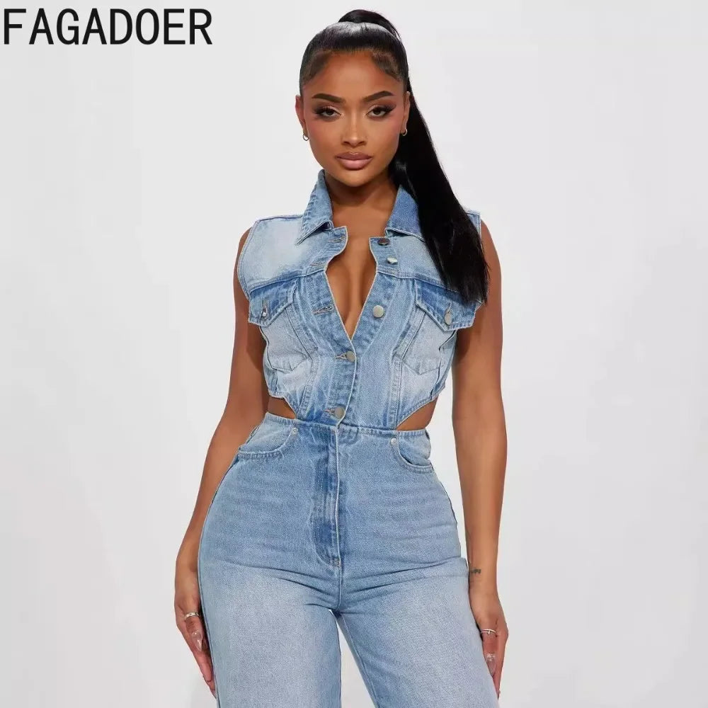 FAGADOER Y2k Retro Denim One Pieces Jumpsuit Women High Quality Stretchy Wide Leg Jean Rompers Side Hollow Streetwear Overalls