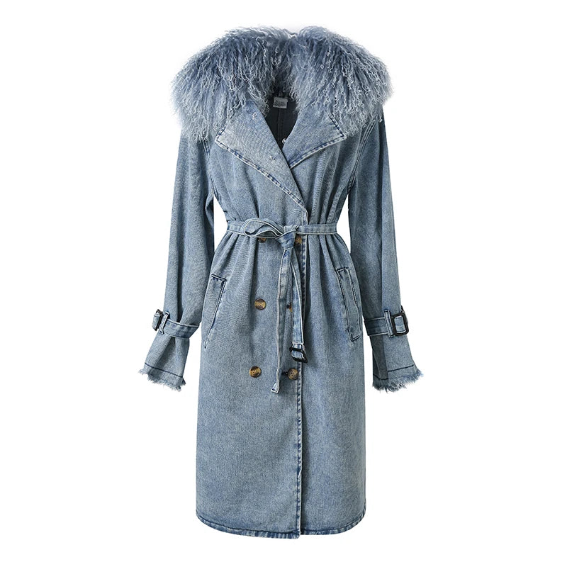 Lady Fashion Mongolian Fur Collar Denim Jacket Spring Autumn Long Trench Coat with Fur Detachable Collar