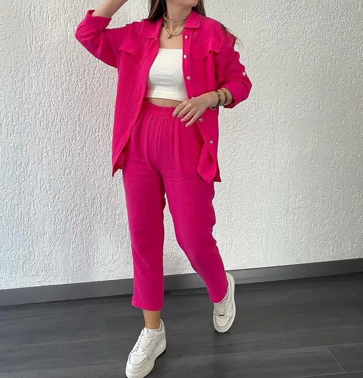 summer outfits for women 2025 New Loose Button Long Sleeve Shirt and Cropped Pants Casual Sports Summer women's suit Pants Set