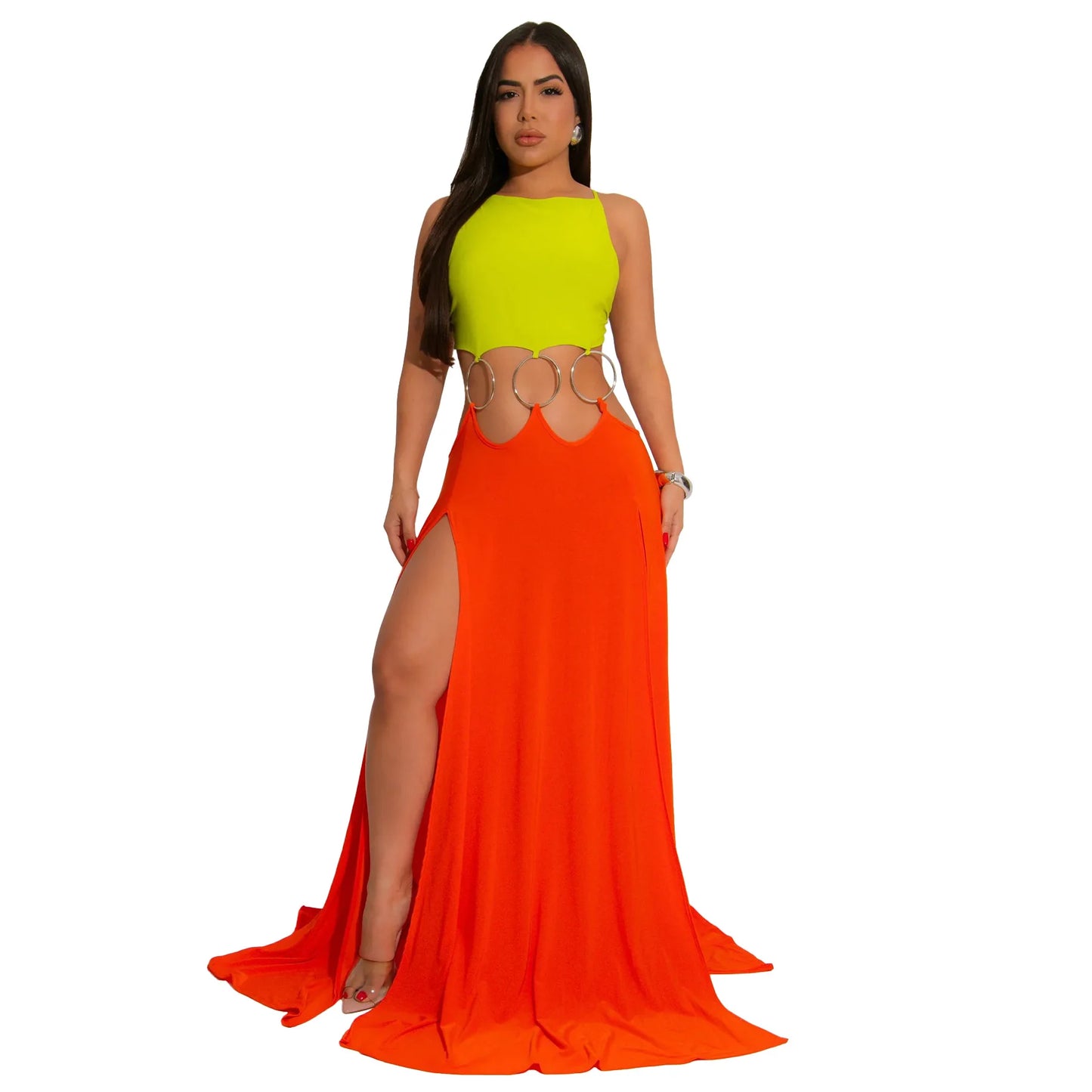 CM.YAYA Women Strap Backless Big Swing Split Maxi Long Dress 2025 Hollow Out Birthday Sexy Club Party Evening Dresses Vestidos