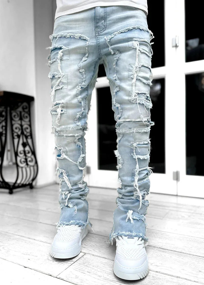 2024 New Premium Vintage Blue Stacked Jeans For Men Stretchy Raw Frayed Denim Destroyed Washed Patchworks Pants
