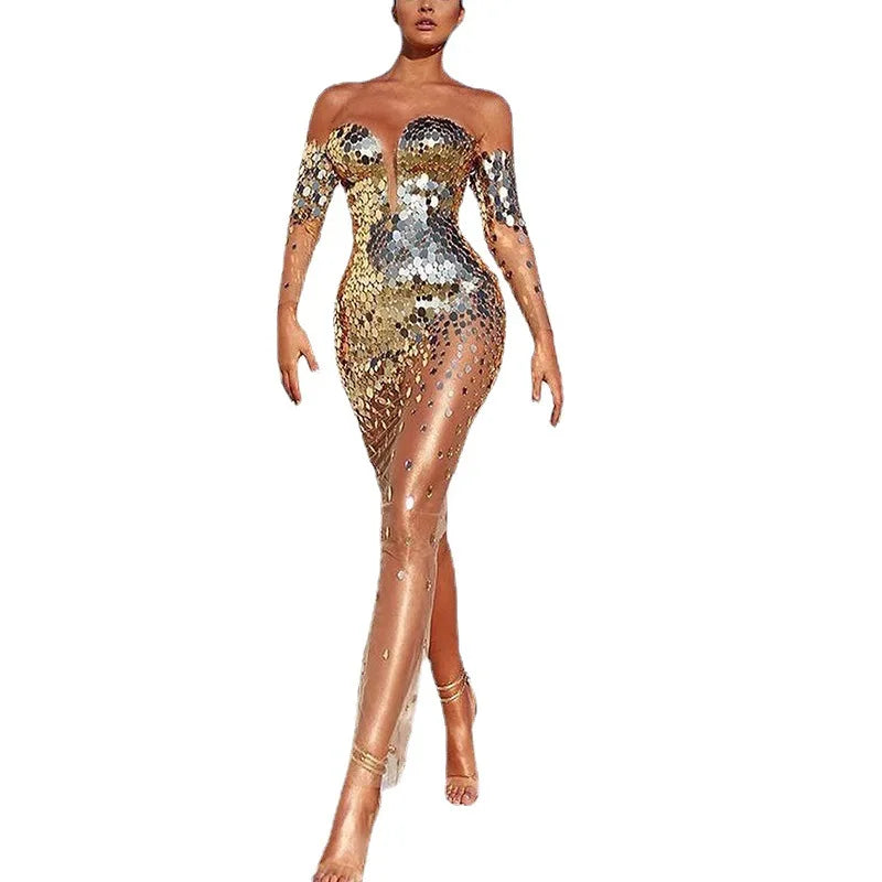 Sequin Off Shoulder Silver Dress Elegant Sexy Mesh See Through Bodycon Dress Women Luxury Summer Clothes Long Evening Club Dress