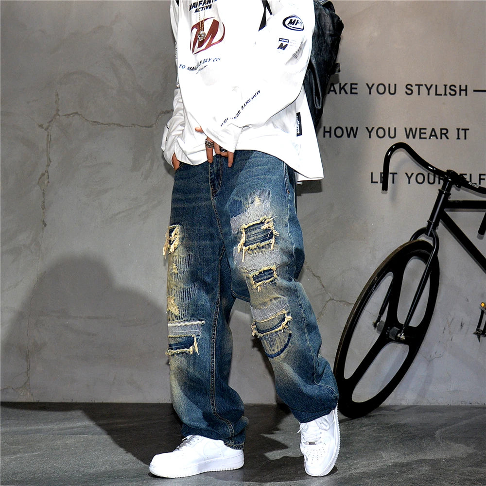 American Streetwear Ripped Patch Jeans Hip Hop Baggy Jeans Mens Clothing Vintage Denim Cargo Pants Japanese Harajuku Trousers
