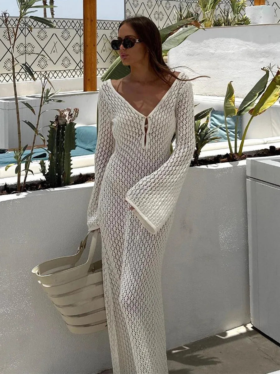 Deep V-Neck Hollow-Out Beach Dress