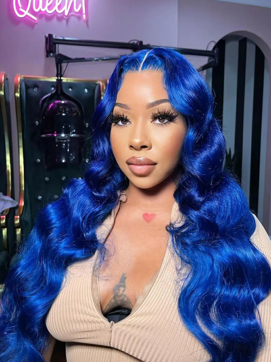 Blue 13x4 Lace Front Body Wave Human Hair Wigs Brazilian Blue Colored HD Transparent Lace Front Wigs For Women Pre Plucked