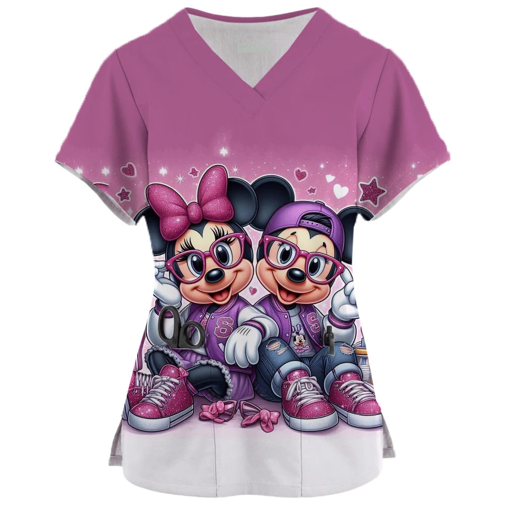 2024 New Minnie Mouse Print Nurse Medical Uniforms V-neck Short Sleeve Pocket Workwear Top Scrubs Medical Accessories Uniform