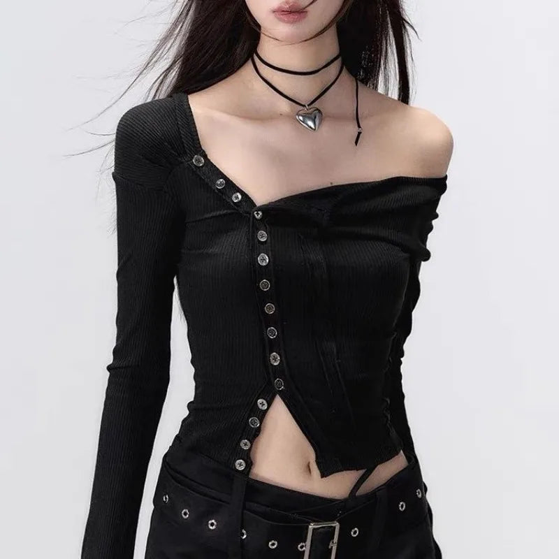 Black Tshirts Women Clothes Long Sleeve Slash Neck Tunic Tees 2025 Ropa Mujer Single Breasted Sexy Korean Y2k T Shirt Ropa Mujer