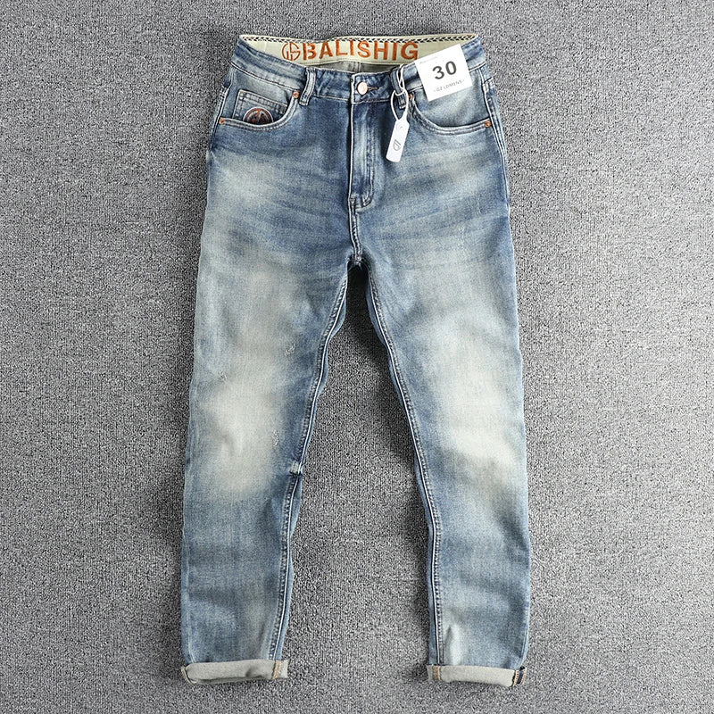 13oz Embroidery Light Blue Washed Denim Jeans for Men 2025 Spring Fashion Fit Straight Pants Clothes Youth Male Casual Trousers