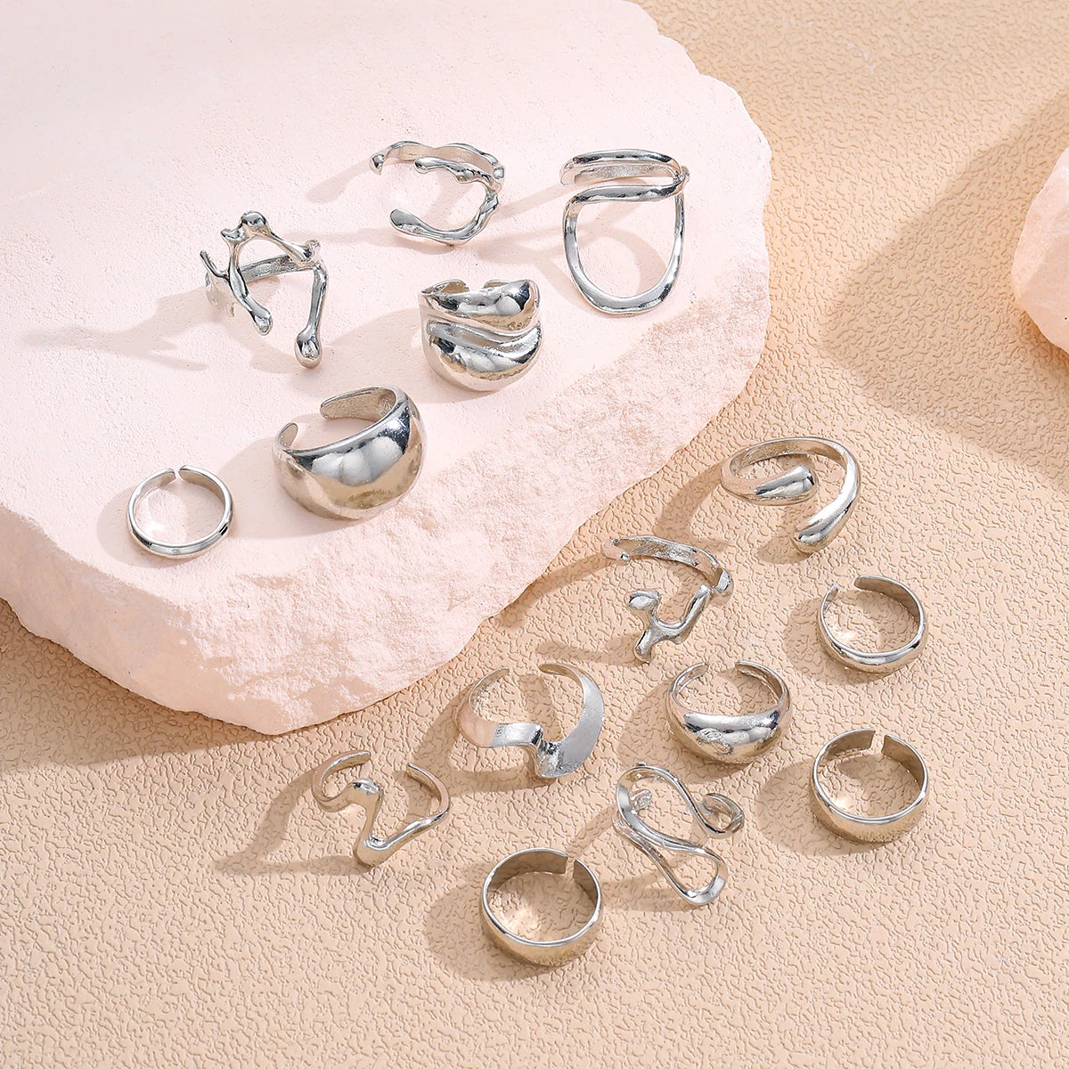 15Pcs Punk Smooth Geometric Open Rings Set For Women