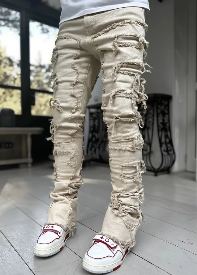 2024 Spring Summer New Men's Clothing Fashion Solid Color Elastic Patch Denim Straight-Leg Pants Jeans