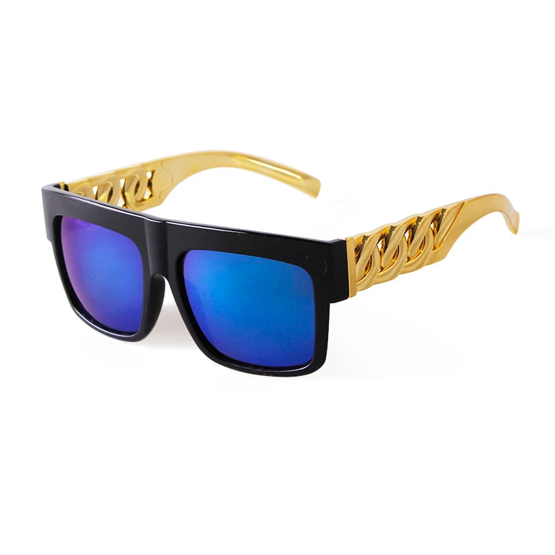 2025 Oversized Hip Hop Sunglasses Men Women Brand Design Flat Top Retro Square Black Sun Glasses Gold Plastic Chain Frame OM725