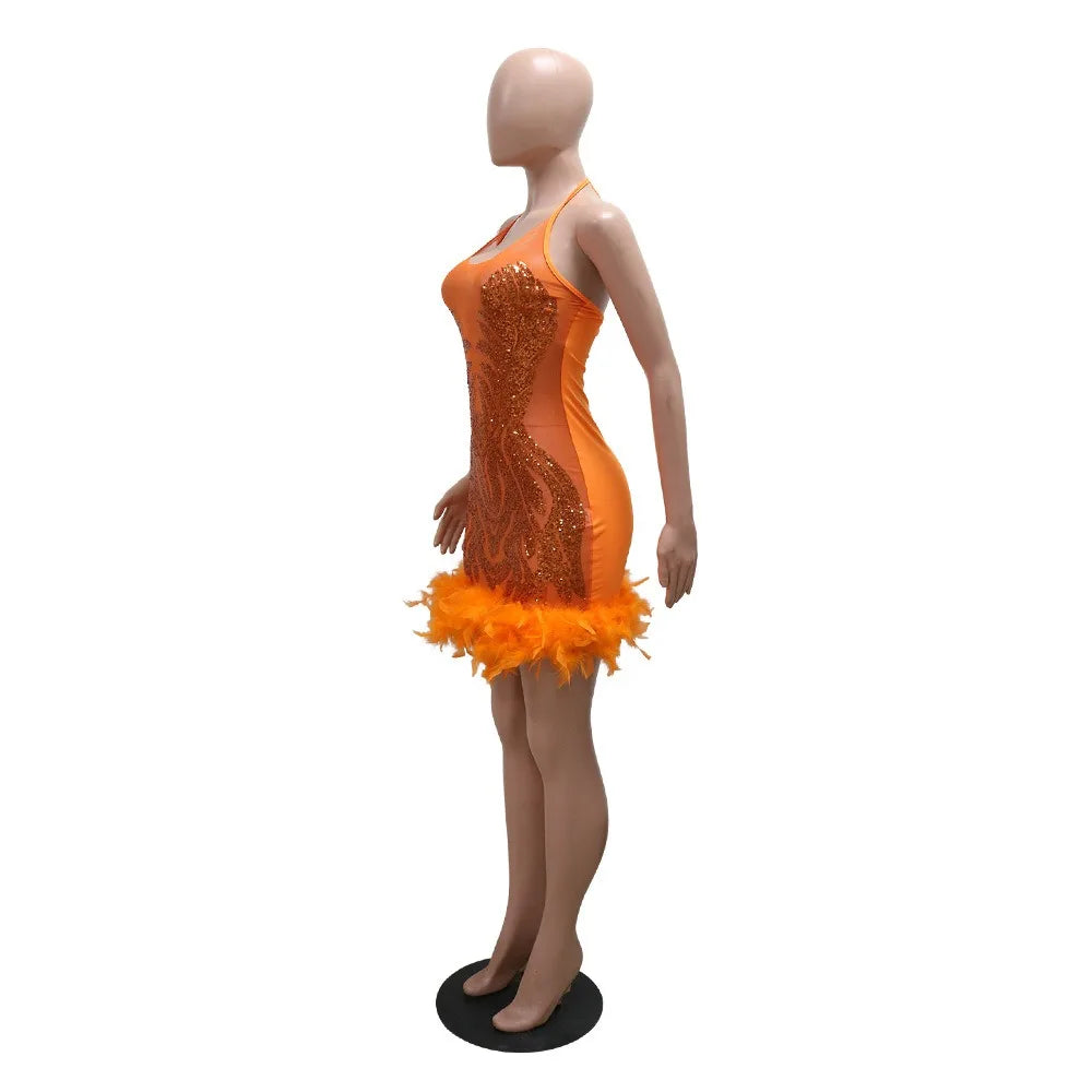 HLJ Fashion Perspective Sequin Halter Lace Up Bodycon Mini Dress Women Backless Sleeveless Feather Splicing Party Club Vestidos