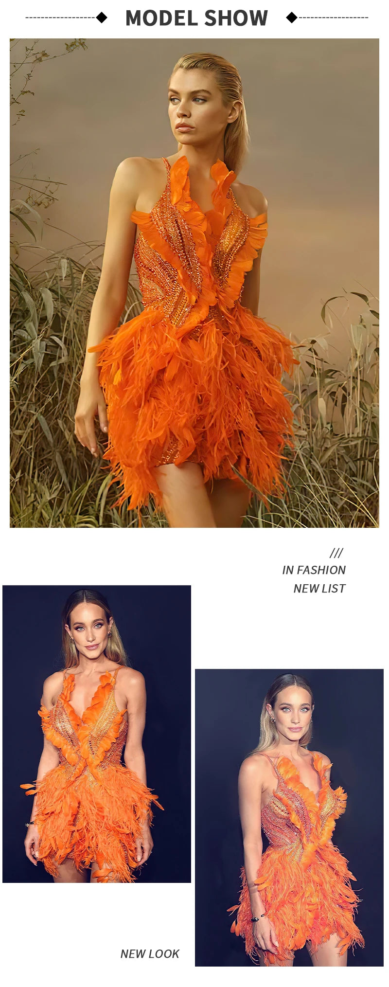 PB 2024 New Orange Prom Dresses Sparkly Beading Crystal Rhinestones Feathers Embellished Birthday Party Cocktail Evening Dress