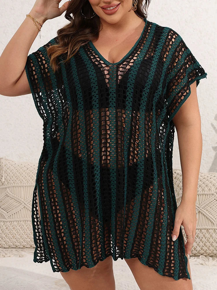 GIBSIE Plus Size Sexy Hollow Out Bikini Cover-ups Women Summer Vacation Split Beach Dress Female Swimsuit Cover Up Beachwear