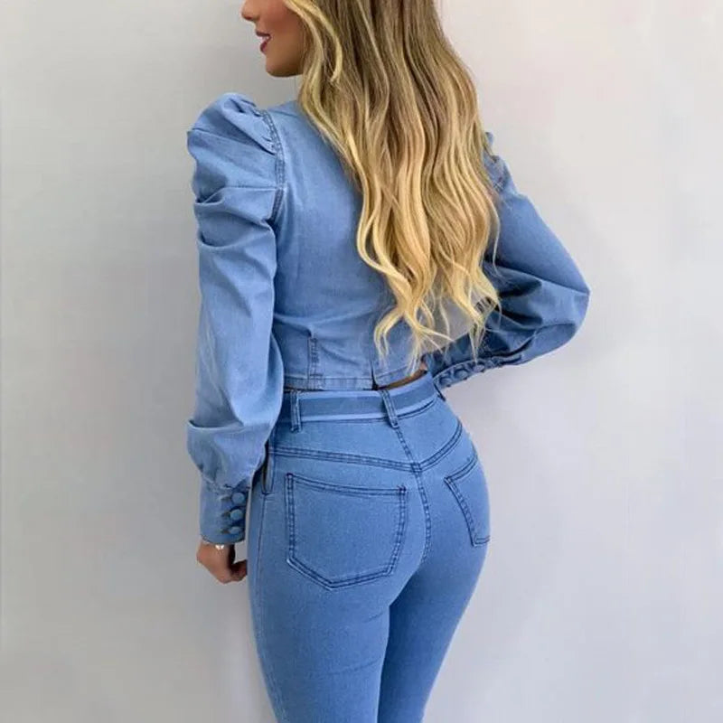 Denim Blue Women blouse Round Neck Puff Sleeve Corset Top Long Sleeve Shirt Sexy Tops Blouses Denim Top Shirt Sweetheart Slim