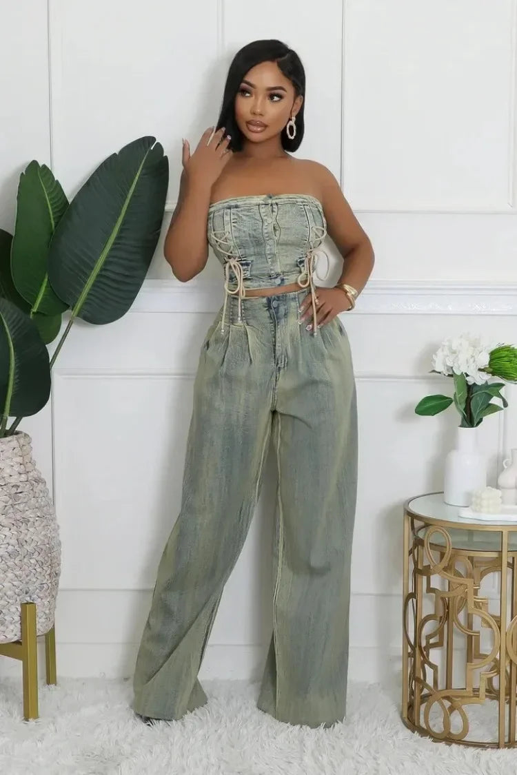 Leosoxs Denim Women's Set Sleeveless Strapless Top +Loose Jeans Pants 2024 Fall Lace Up Street Two 2 Piece Set Outfits Tracksuit