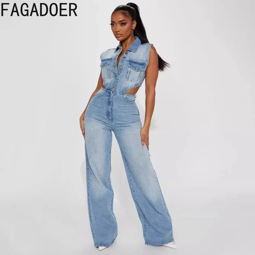FAGADOER Y2k Retro Denim One Pieces Jumpsuit Women High Quality Stretchy Wide Leg Jean Rompers Side Hollow Streetwear Overalls