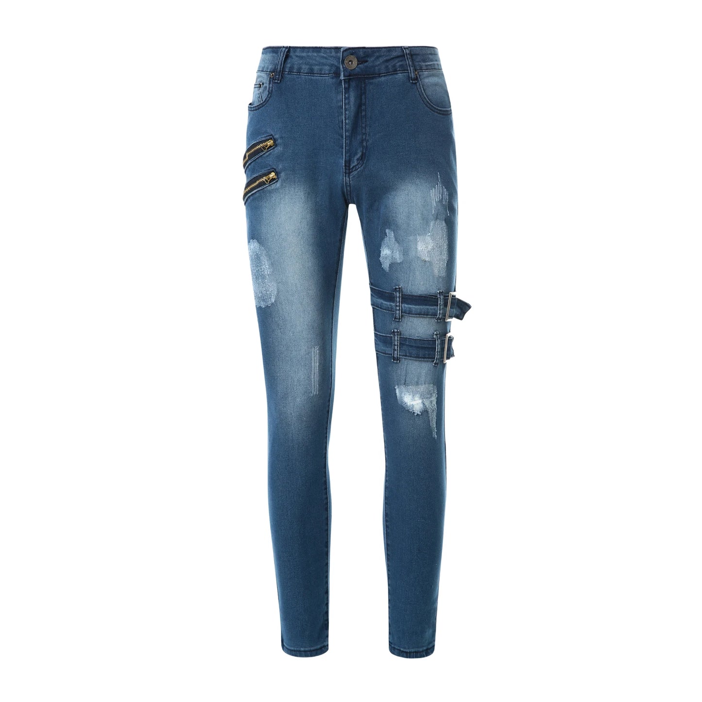 2025 New Men Slim Biker Ripped Long Denim Trousers Skinny Jeans Side Straps Zips Male Jogging Pants Destroyed Stretchy Pants
