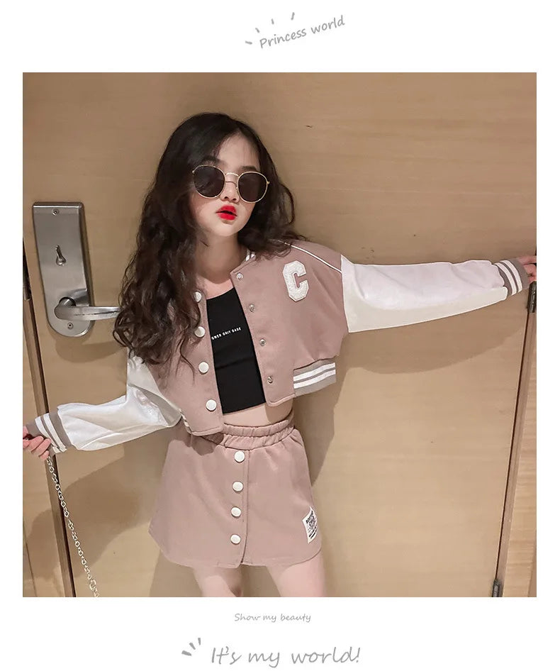 Spring Autumn Teen Girls Clothing Sets Fashion Baseball Coats + Slim Skirt 2Pcs Outfits Kids Tracksuit 5 6 7 8 9 10 11 12 13 Yrs