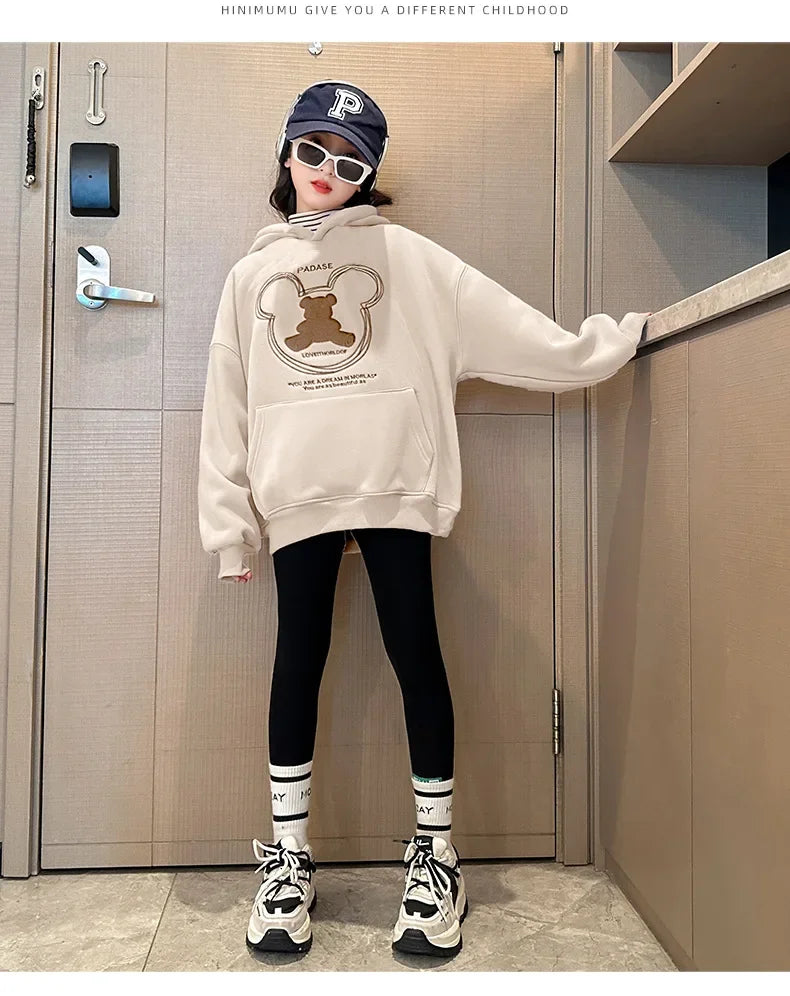 2025 girls clothes autumn winter sweatshirt bear t-shirt hooded + stretch pants leggings teens children set 8 9 10 11 12 year